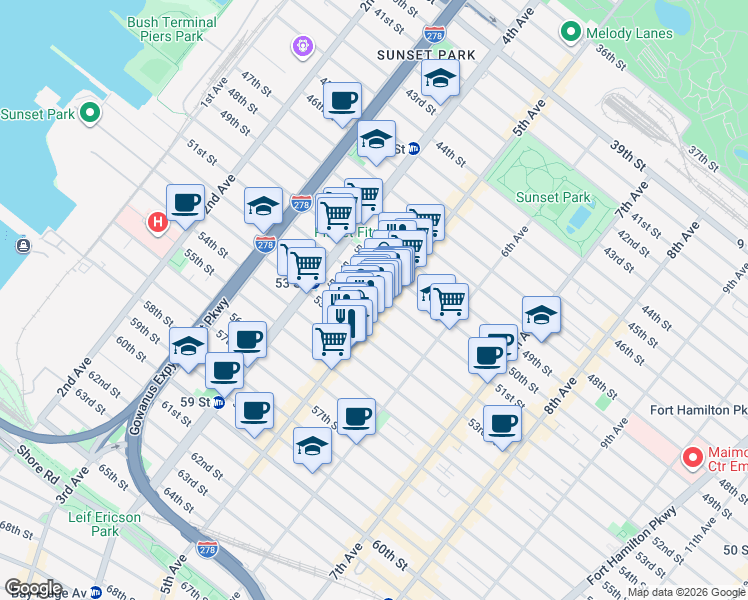 map of restaurants, bars, coffee shops, grocery stores, and more near 5200-5298 5th Avenue in Brooklyn