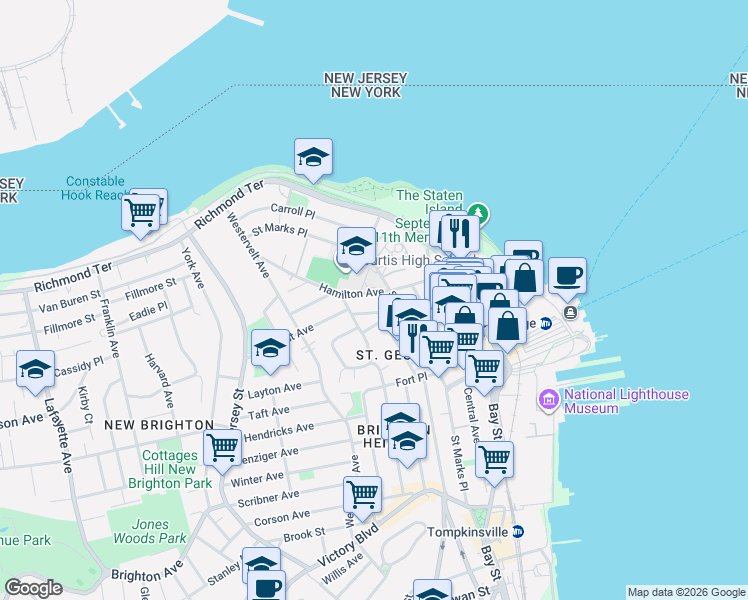 map of restaurants, bars, coffee shops, grocery stores, and more near 37 Belmont Place in Staten Island