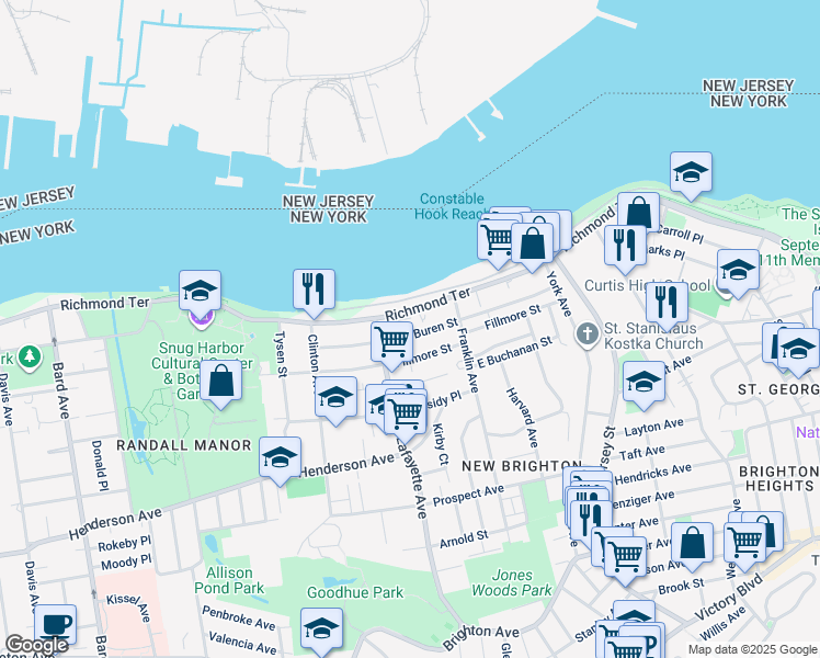 map of restaurants, bars, coffee shops, grocery stores, and more near 157 Fillmore Street in Staten Island