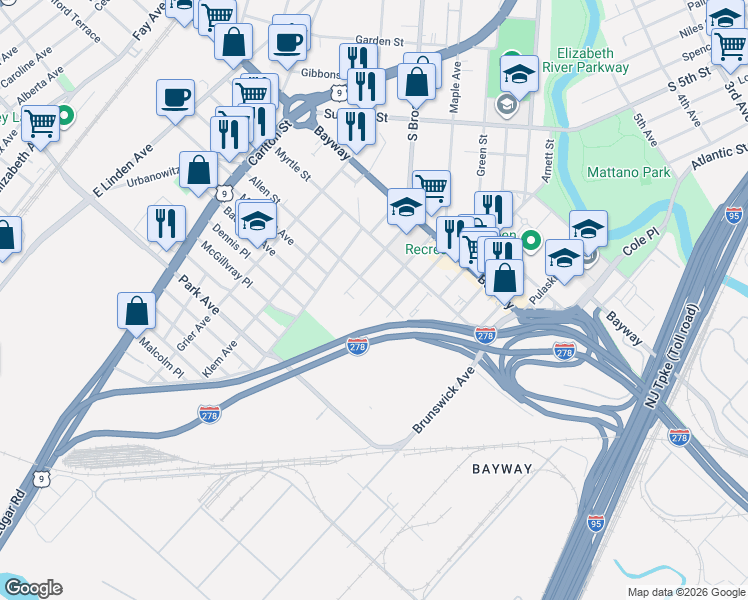 map of restaurants, bars, coffee shops, grocery stores, and more near 2503 Ogden Street in Linden