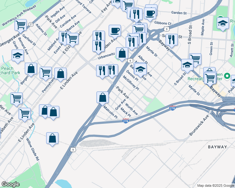 map of restaurants, bars, coffee shops, grocery stores, and more near 706 Worth Avenue in Linden