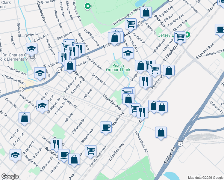 map of restaurants, bars, coffee shops, grocery stores, and more near 1211 Hussa Street in Linden