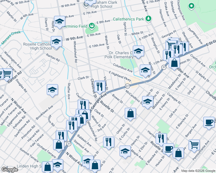 map of restaurants, bars, coffee shops, grocery stores, and more near 645 New Jersey 27 in Roselle