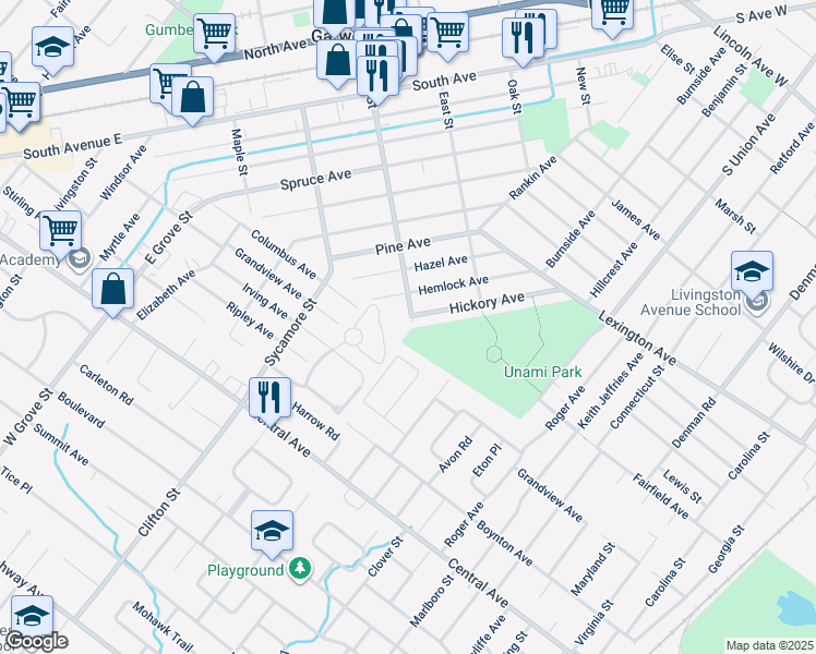 map of restaurants, bars, coffee shops, grocery stores, and more near 21 Azalea Trail in Westfield