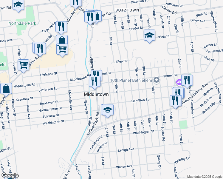 map of restaurants, bars, coffee shops, grocery stores, and more near 1930 3rd Street in Bethlehem