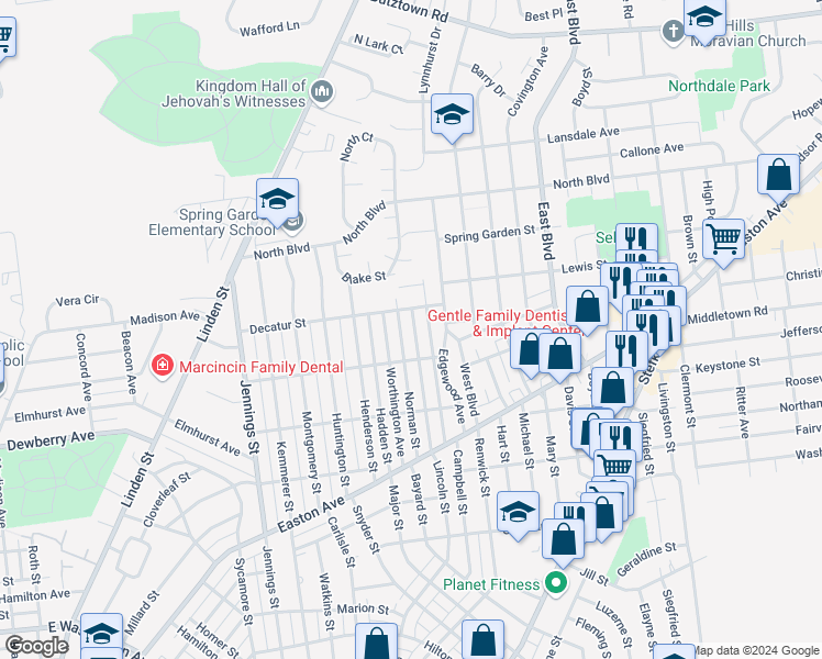 map of restaurants, bars, coffee shops, grocery stores, and more near 2229 Lincoln Street in Bethlehem