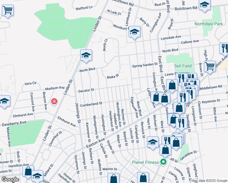 map of restaurants, bars, coffee shops, grocery stores, and more near 2235 Worthington Avenue in Bethlehem