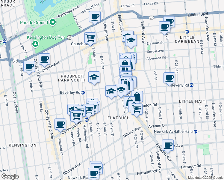 map of restaurants, bars, coffee shops, grocery stores, and more near 736 Ocean Avenue in Brooklyn