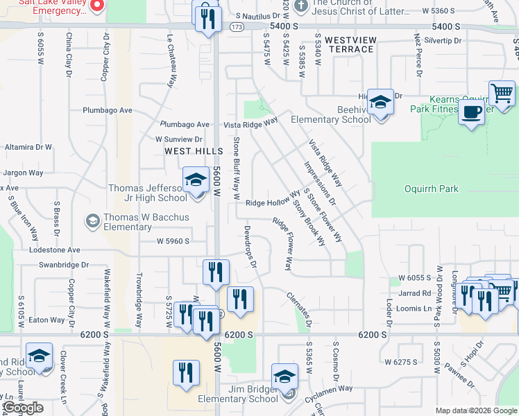 map of restaurants, bars, coffee shops, grocery stores, and more near 5476 Ridge Flower Way in Kearns