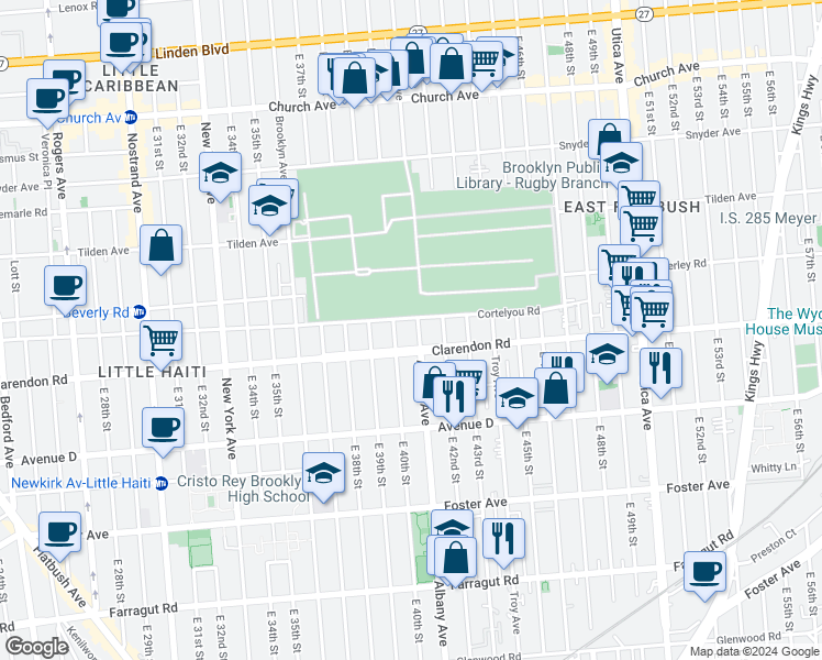 map of restaurants, bars, coffee shops, grocery stores, and more near 4105 Clarendon Road in Brooklyn