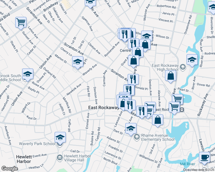 map of restaurants, bars, coffee shops, grocery stores, and more near 136 Carman Avenue in East Rockaway