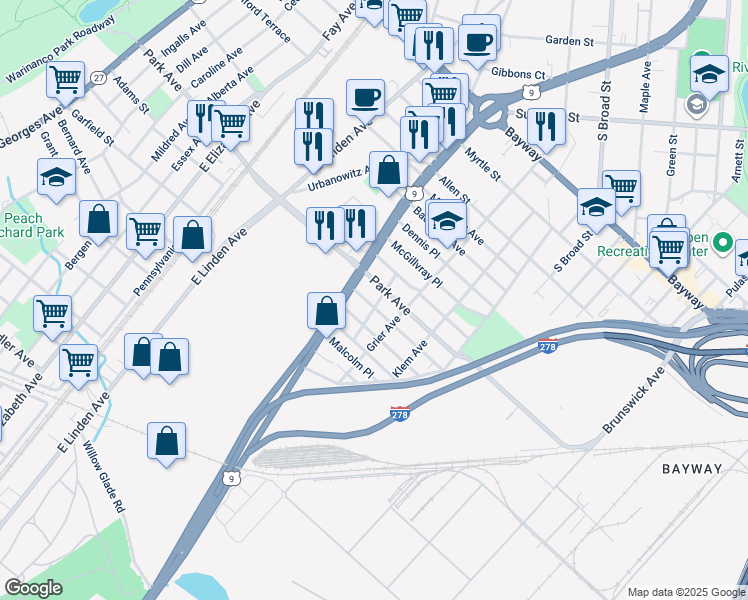 map of restaurants, bars, coffee shops, grocery stores, and more near 706 Worth Avenue in Linden