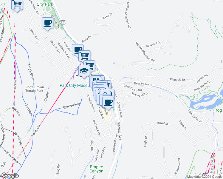 map of restaurants, bars, coffee shops, grocery stores, and more near 469 Ontario Avenue in Park City