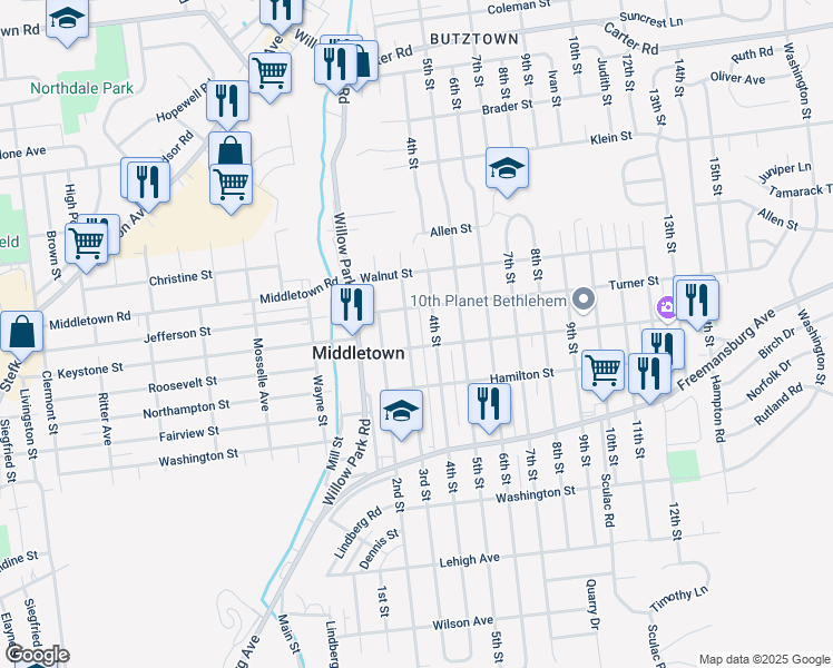 map of restaurants, bars, coffee shops, grocery stores, and more near 1930 3rd Street in Bethlehem
