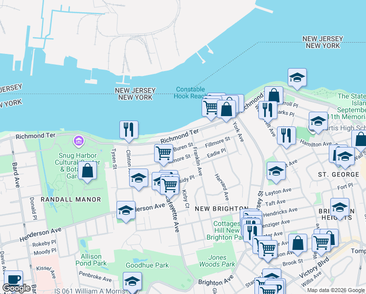 map of restaurants, bars, coffee shops, grocery stores, and more near Van Buren Street in Staten Island