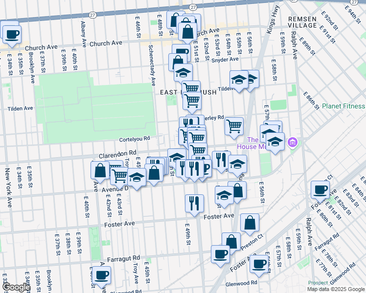 map of restaurants, bars, coffee shops, grocery stores, and more near 715 East 49th Street in Brooklyn