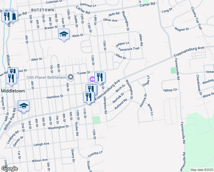 map of restaurants, bars, coffee shops, grocery stores, and more near 3935 Linden Street in Bethlehem