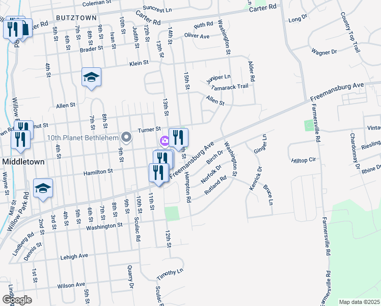 map of restaurants, bars, coffee shops, grocery stores, and more near 3935 Linden Street in Bethlehem