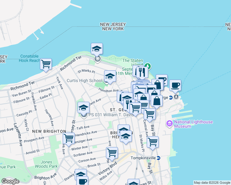 map of restaurants, bars, coffee shops, grocery stores, and more near 37 Belmont Place in Staten Island