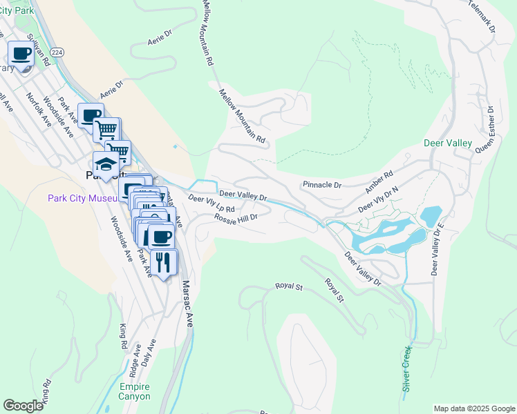 map of restaurants, bars, coffee shops, grocery stores, and more near 741 Rossie Hill Drive in Park City