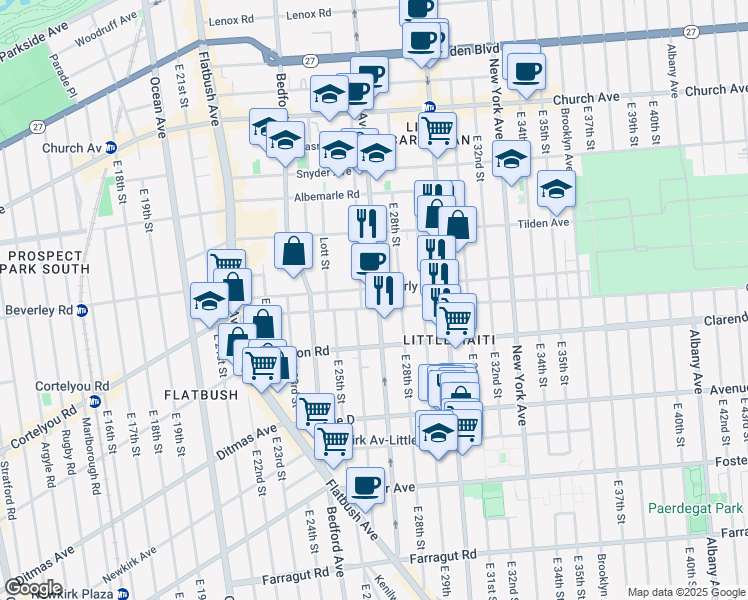 map of restaurants, bars, coffee shops, grocery stores, and more near 1069 Rogers Avenue in Brooklyn