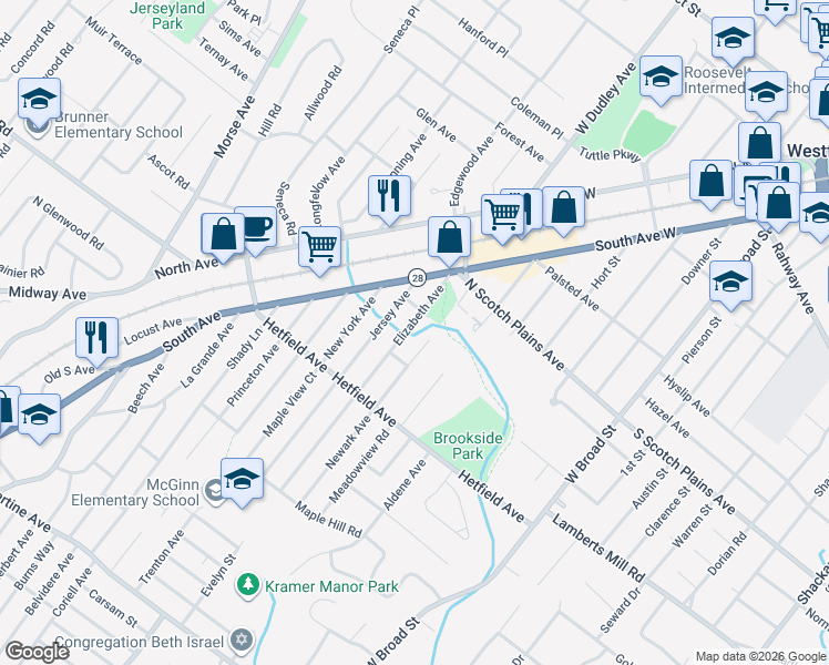 map of restaurants, bars, coffee shops, grocery stores, and more near 2262 Newark Avenue in Scotch Plains