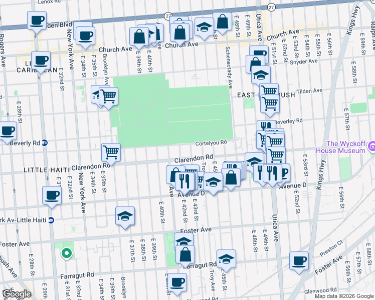 map of restaurants, bars, coffee shops, grocery stores, and more near 4222 Clarendon Road in Brooklyn