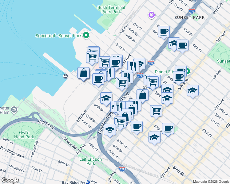 map of restaurants, bars, coffee shops, grocery stores, and more near in Brooklyn