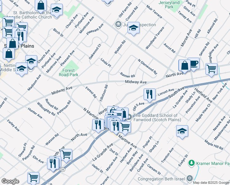 map of restaurants, bars, coffee shops, grocery stores, and more near 13 Nichols Court in Fanwood