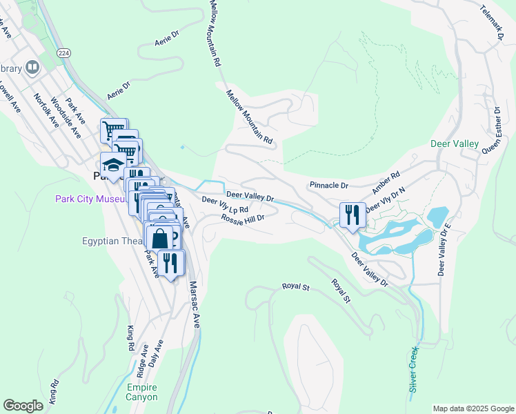 map of restaurants, bars, coffee shops, grocery stores, and more near 755 Rossie Hill Drive in Park City