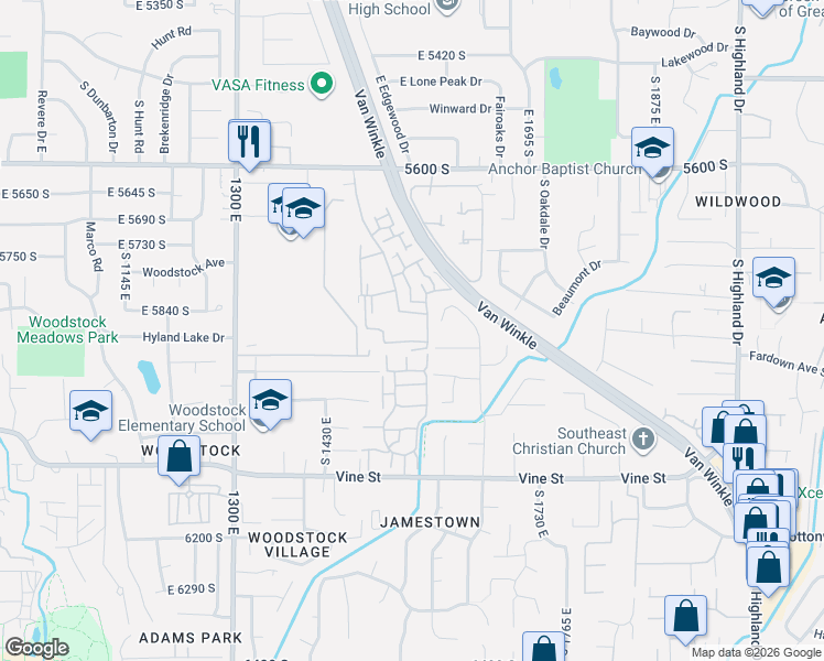 map of restaurants, bars, coffee shops, grocery stores, and more near 1569 Waterbury Drive in Murray