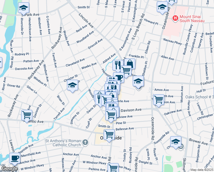 map of restaurants, bars, coffee shops, grocery stores, and more near 2816 Davis Street in Oceanside