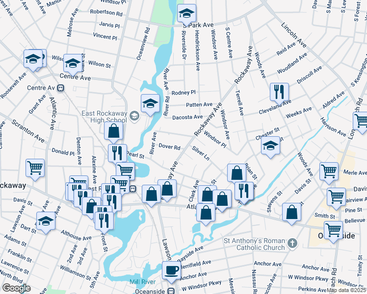 map of restaurants, bars, coffee shops, grocery stores, and more near 1 Rockaway Court in Oceanside