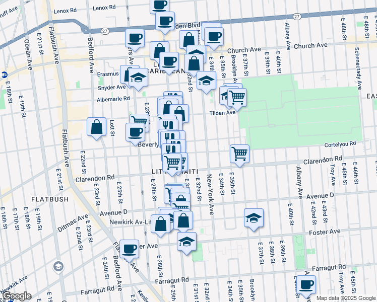 map of restaurants, bars, coffee shops, grocery stores, and more near 274 East 32nd Street in Brooklyn