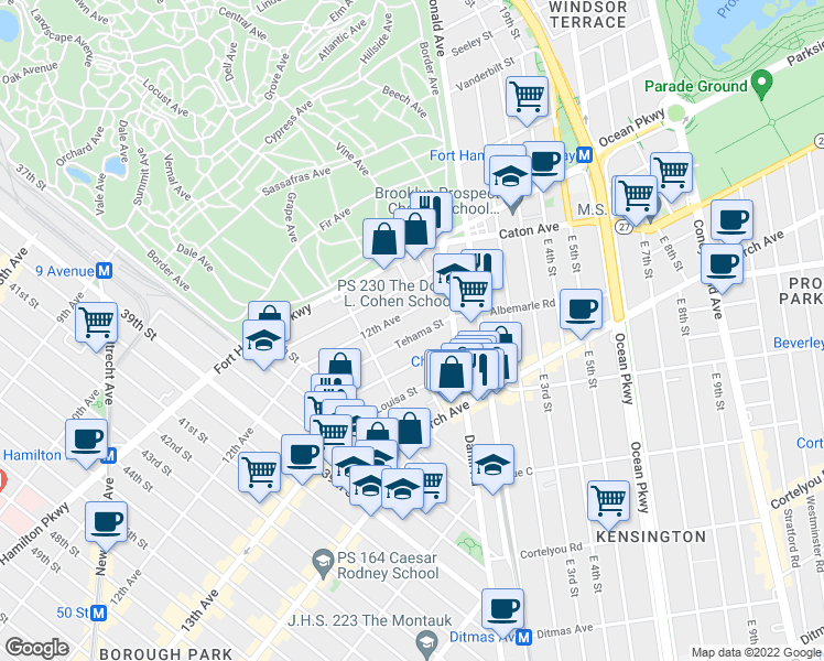 map of restaurants, bars, coffee shops, grocery stores, and more near 77 Tehama Street in Brooklyn
