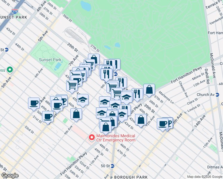 map of restaurants, bars, coffee shops, grocery stores, and more near 952 41st Street in Brooklyn