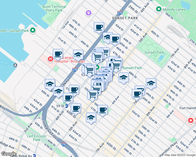 map of restaurants, bars, coffee shops, grocery stores, and more near 5304-5308 5th Avenue in Brooklyn
