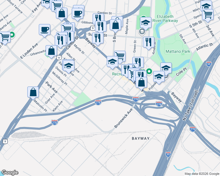 map of restaurants, bars, coffee shops, grocery stores, and more near 1300 Allen Street in Linden