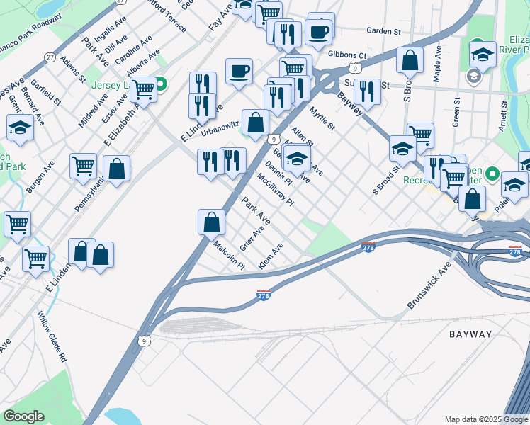 map of restaurants, bars, coffee shops, grocery stores, and more near 800 Park Avenue in Linden