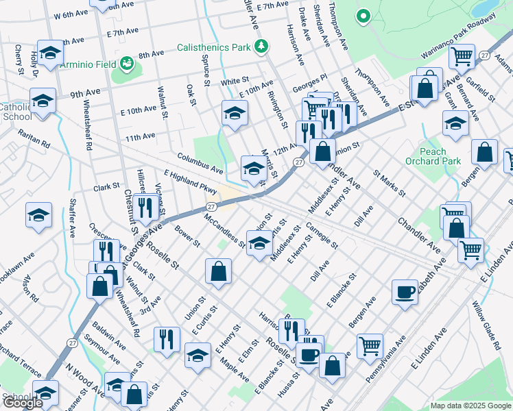 map of restaurants, bars, coffee shops, grocery stores, and more near 913 Union Street in Linden