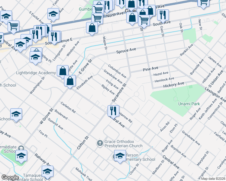 map of restaurants, bars, coffee shops, grocery stores, and more near 1019 Boynton Avenue in Westfield
