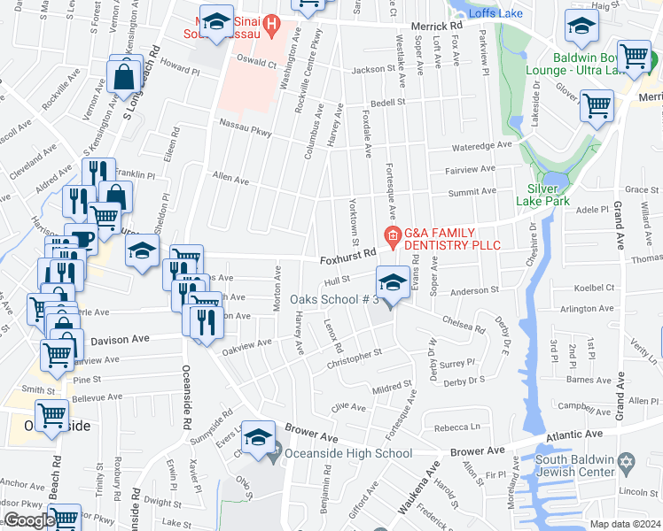 map of restaurants, bars, coffee shops, grocery stores, and more near 352 Foxhurst Road in Oceanside
