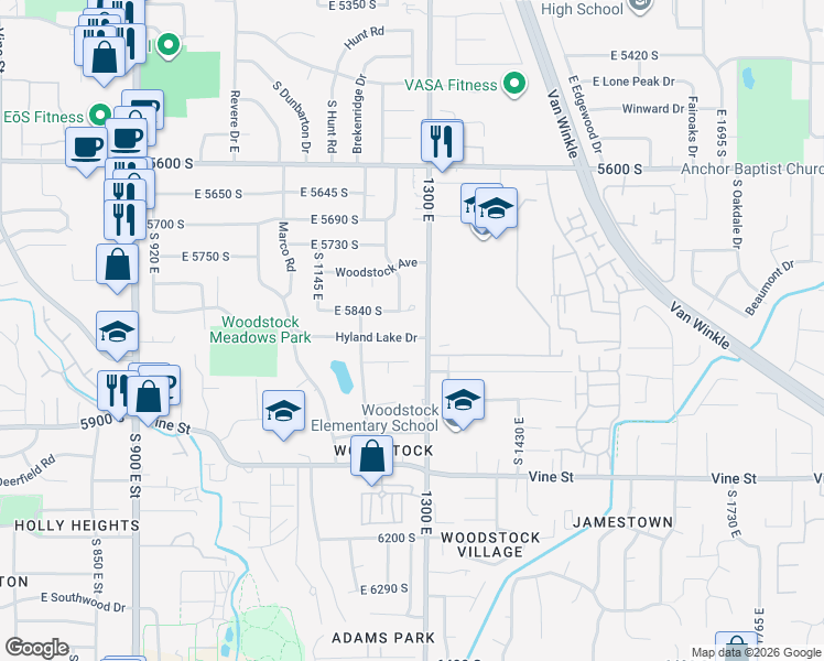 map of restaurants, bars, coffee shops, grocery stores, and more near 1275 Lillie Circle in Murray