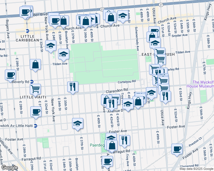 map of restaurants, bars, coffee shops, grocery stores, and more near 444 East 42nd Street in Brooklyn