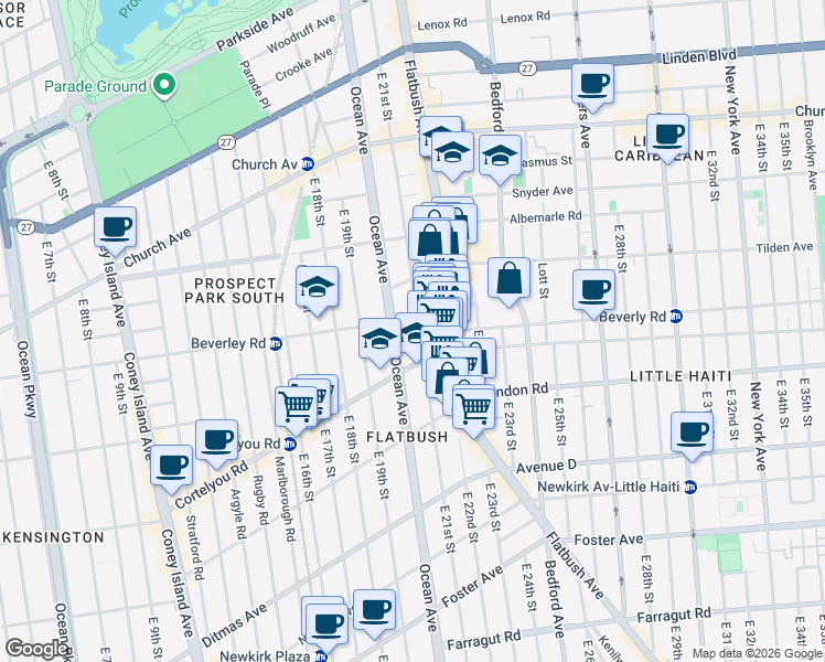 map of restaurants, bars, coffee shops, grocery stores, and more near 420 East 21st Street in Brooklyn