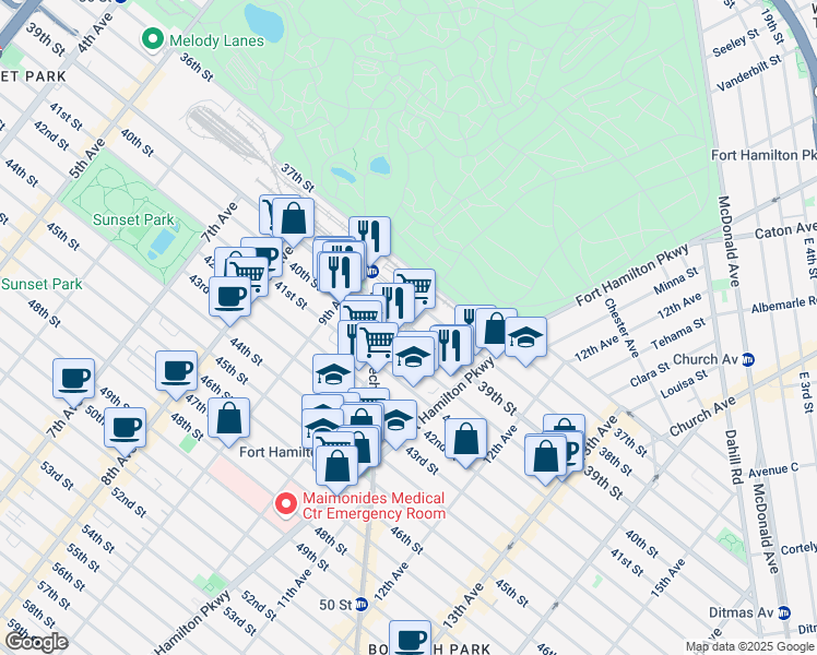map of restaurants, bars, coffee shops, grocery stores, and more near 39th St & 10th Ave in Brooklyn