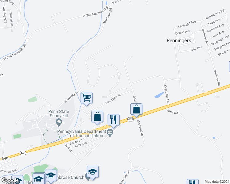map of restaurants, bars, coffee shops, grocery stores, and more near 19 East Abby Lane in Schuylkill Haven