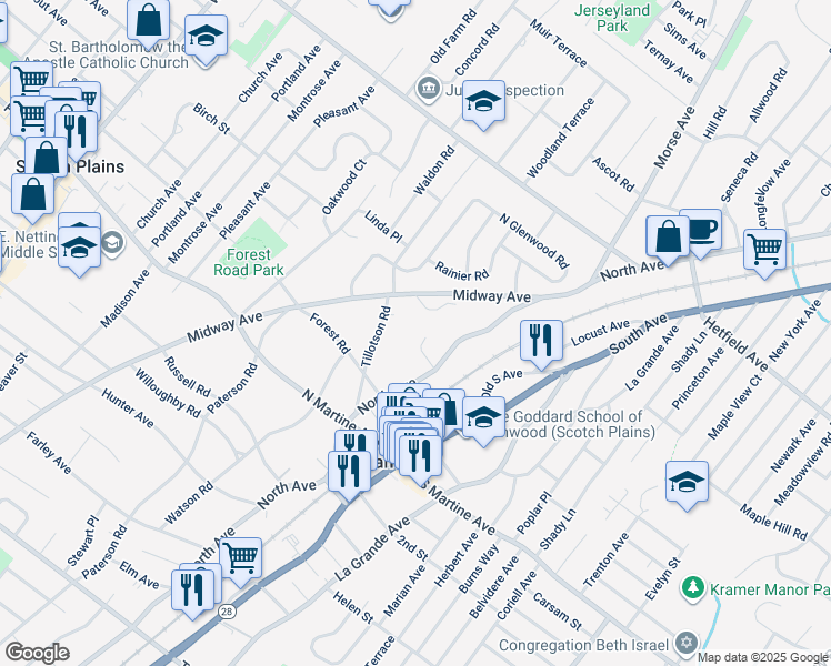 map of restaurants, bars, coffee shops, grocery stores, and more near 13 Nichols Court in Fanwood