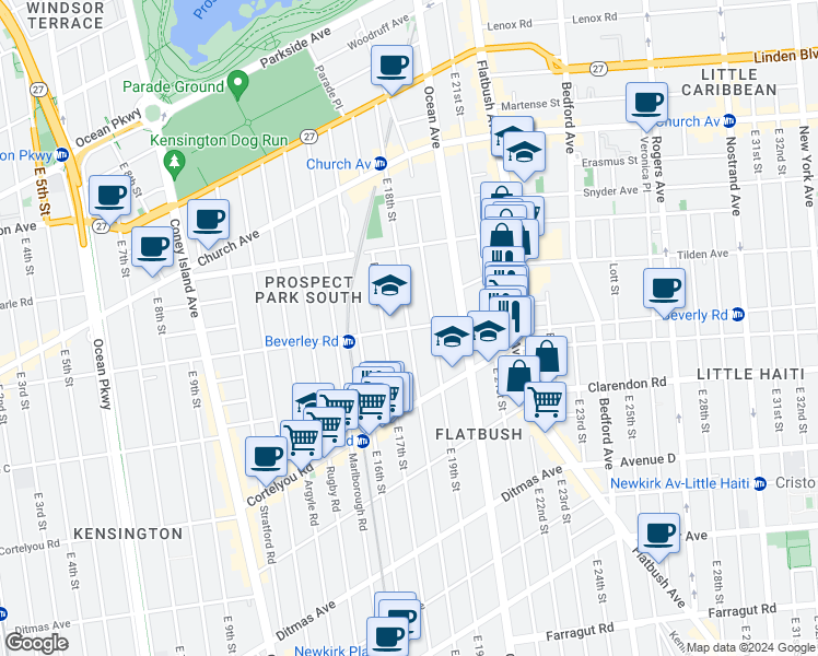 map of restaurants, bars, coffee shops, grocery stores, and more near 1801 Beverley Road in Brooklyn