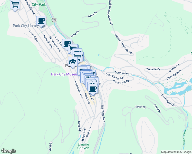 map of restaurants, bars, coffee shops, grocery stores, and more near 487 Ontario Avenue in Park City